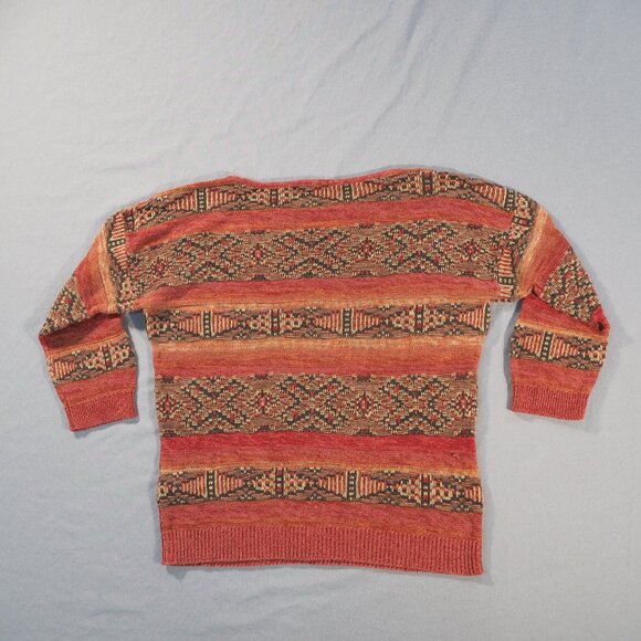 Chaps Denim Sweater Womens Large Rusty Orange Burgandy Red Southwest Aztec Boho - Picture 2 of 9